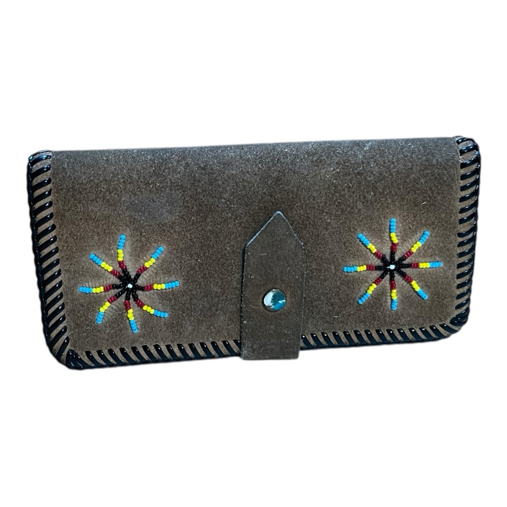 Beaded suede Native American brown wallet whip stitching along edges
